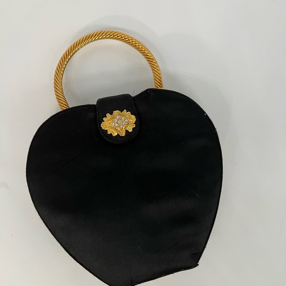 Vintage Sasha Black Satin Heart-Shaped Evening Bag w Gold Handle Rhinestone - Picture 2 of 6